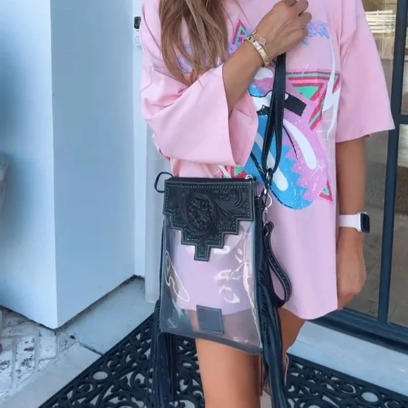 Shayne Large Hand Tooled Fringe Clear Crossbody Stadium Bag - Picture 6 of 6